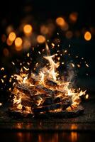 Detail of fire sparks isolated on black background. AI generated photo