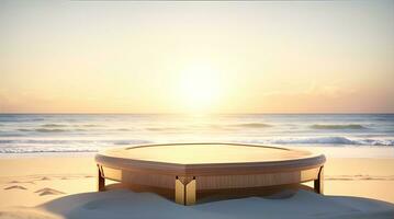 ai generativo, vacío redondeado de madera podio producto monitor en blanco arena playa terminado el Oceano foto