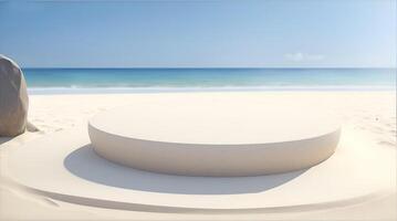 , Empty rounded wooden podium product display on white sand beach over the ocean photo