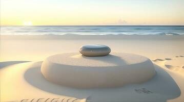 AI Generative, Empty rounded wooden podium product display on white sand beach over the ocean photo