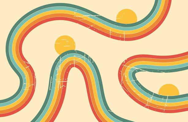 Retro groovy background with rainbow and sun. Abstract colourful and textured wavy background.