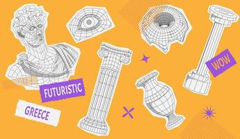 Retro futuristic set. Collage with wireframe sculpture and statue. Sticker shape cutout on yellow background vector