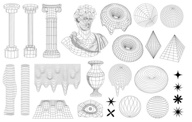 Retro futuristic set. Wireframe sculpture and statue, surreal geometric shapes, wireframe, elements and perspective grid.