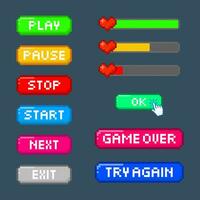 Game button pixel art with cursor hand clicking, Heart blood bar game pixel art. vector