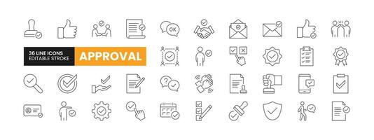 Set of 36 Approval line icons set. Approval outline icons with editable stroke collection. Includes Validation, Agreement, Approval, Stamp, Document Approval, and More. vector