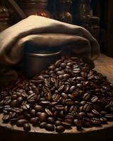 coffee beans on wooden table photo