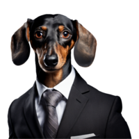 Portrait of Humanoid Anthropomorphic Dachshund Dog Wearing Black Business Suit Isolated Transparent Generative AI png