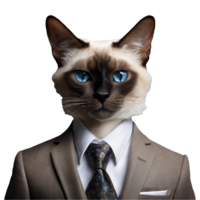 retrato de humanoide antropomórfico siamés gato vistiendo negocio traje aislado transparente generativo ai png