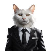 Portrait of Humanoid Anthropomorphic White Cat Wearing Black Business Suit Isolated Transparent Generative AI png