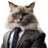 portrait de humanoïde anthropomorphe ragdoll chat portant gris affaires costume isolé transparent génératif ai png