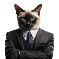 retrato de humanoide antropomórfico siamés gato vistiendo negocio traje aislado transparente generativo ai png