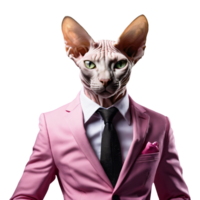 retrato de humanoide antropomórfico sphynx gato vistiendo rosado negocio traje aislado transparente generativo ai png