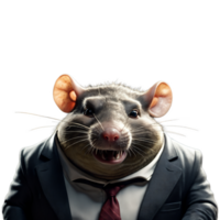 portrait de humanoïde anthropomorphe glouton graisse rat portant noir affaires costume avec mal petit sourire satisfait expression isolé transparent génératif ai png