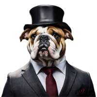 portrait de humanoïde anthropomorphe bouledogue portant affaires costume avec Haut chapeau isolé transparent génératif ai png