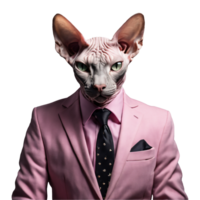 portret van humanoid antropomorf sphynx kat vervelend roze bedrijf pak geïsoleerd transparant generatief ai png