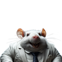 retrato de humanoide antropomórfico codicioso grasa blanco rata vistiendo blanco negocio traje con mal sonrisa afectada expresión aislado transparente generativo ai png