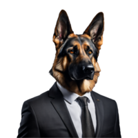 portrait de humanoïde anthropomorphe allemand berger chien portant noir affaires costume isolé transparent génératif ai png