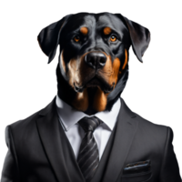 porträtt av humanoid antropomorf rottweiler hund bär svart företag kostym isolerat transparent generativ ai png