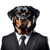 porträtt av humanoid antropomorf rottweiler hund bär svart företag kostym isolerat transparent generativ ai png