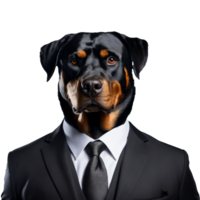 porträtt av humanoid antropomorf rottweiler hund bär svart företag kostym isolerat transparent generativ ai png