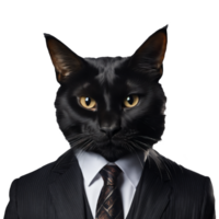 portrait de humanoïde anthropomorphe noir chat portant affaires costume isolé transparent génératif ai png