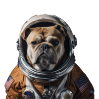 Portrait of Humanoid Anthropomorphic Bulldog Wearing Orange Astronaut Suit Isolated Transparent Generative AI png