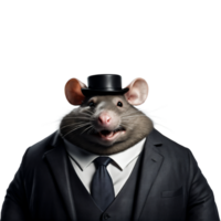 retrato de humanoide antropomórfico codicioso grasa rata vistiendo negro negocio traje con mal sonrisa afectada expresión y parte superior sombrero aislado transparente generativo ai png