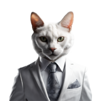 portrait de humanoïde anthropomorphe blanc chat portant blanc affaires costume isolé transparent génératif ai png