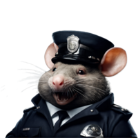 Porträt von Humanoid anthropomorph gierig Fett Ratte tragen Polizei Offizier passen mit böse Grinsen Ausdruck isoliert transparent generativ ai png
