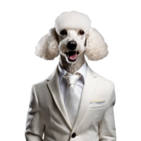 portrait de humanoïde anthropomorphe caniche chien portant blanc affaires costume isolé transparent génératif ai png