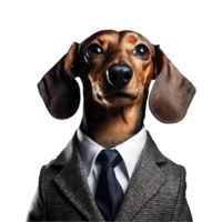 retrato de humanoide antropomórfico perro tejonero perro vistiendo gris negocio traje aislado transparente generativo ai png
