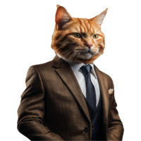 retrato de humanoide antropomórfico jengibre gato vistiendo marrón negocio traje aislado transparente generativo ai png