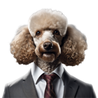 portrait de humanoïde anthropomorphe caniche chien portant gris affaires costume isolé transparent génératif ai png