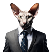 retrato de humanoide antropomórfico sphynx gato vistiendo negro negocio traje aislado transparente generativo ai png