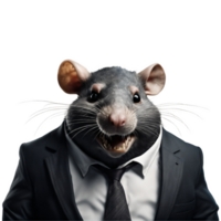 portrait de humanoïde anthropomorphe glouton graisse rat portant noir affaires costume avec mal petit sourire satisfait expression isolé transparent génératif ai png