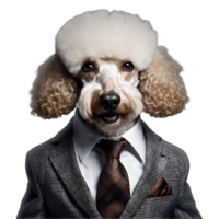 retrato do humanóide antropomórfico poodle cachorro vestindo cinzento o negócio terno isolado transparente generativo ai png