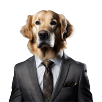 portret van humanoid antropomorf gouden retriever hond vervelend zwart bedrijf pak geïsoleerd transparant generatief ai png