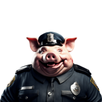 Portrait of Humanoid Anthropomorphic Greedy Fat Pig Wearing Police Officer Suit with Evil Smirk Expression Isolated Transparent Generative AI png