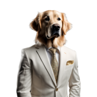 portret van humanoid antropomorf gouden retriever hond vervelend wit bedrijf pak geïsoleerd transparant generatief ai png