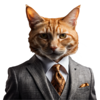 Portrait of Humanoid Anthropomorphic Ginger Cat Wearing Gray Business Suit Isolated Transparent Generative AI png