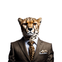 Portrait of Humanoid Anthropomorphic Cheetah Wearing Brown Business Suit Isolated Transparent Generative AI png