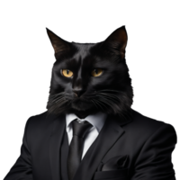 portrait de humanoïde anthropomorphe noir chat portant affaires costume isolé transparent génératif ai png