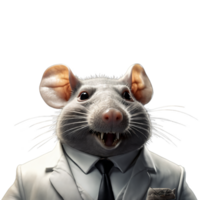 Porträt von Humanoid anthropomorph gierig Fett Weiß Ratte tragen Weiß Geschäft passen mit böse Grinsen Ausdruck isoliert transparent generativ ai png