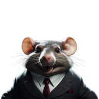 portret van humanoid antropomorf hebzuchtig dik Rat vervelend zwart bedrijf pak met onheil grijns uitdrukking geïsoleerd transparant generatief ai png