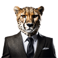 Portrait of Humanoid Anthropomorphic Cheetah Wearing Black Business Suit Isolated Transparent Generative AI png