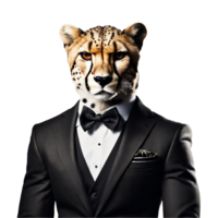 Portrait of Humanoid Anthropomorphic Cheetah Wearing Black Business Suit with Butterfly Bow Tie Isolated Transparent Generative AI png