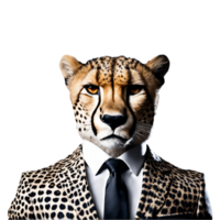 retrato do humanóide antropomórfico guepardo vestindo leopardo o negócio terno isolado transparente generativo ai png