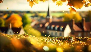 Abstract autumn scene and English country style house village on background, beautiful countryside nature with autumnal leaves and bokeh, generative ai photo