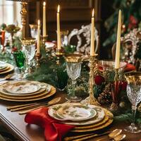 Christmas table scape, elegant formal dinner table setting, tablescape with holiday decoration for party event celebration, generative ai photo