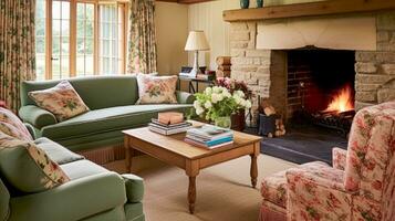 Farmhouse cottage interior design, home decor, sitting room and living room, sofa and furniture in English country house style photo